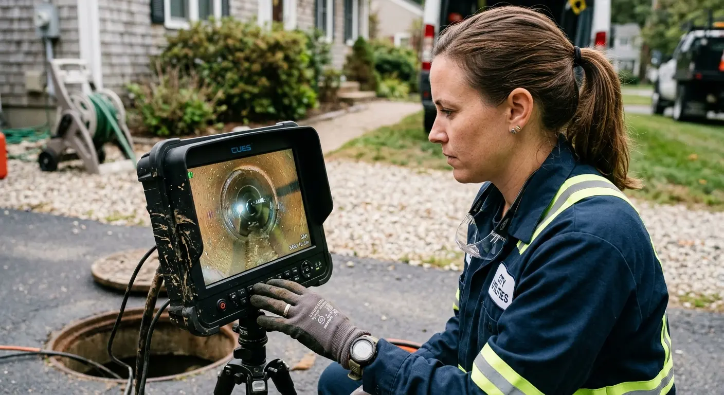Technician reviewing sewer camera inspection footage in Fairview