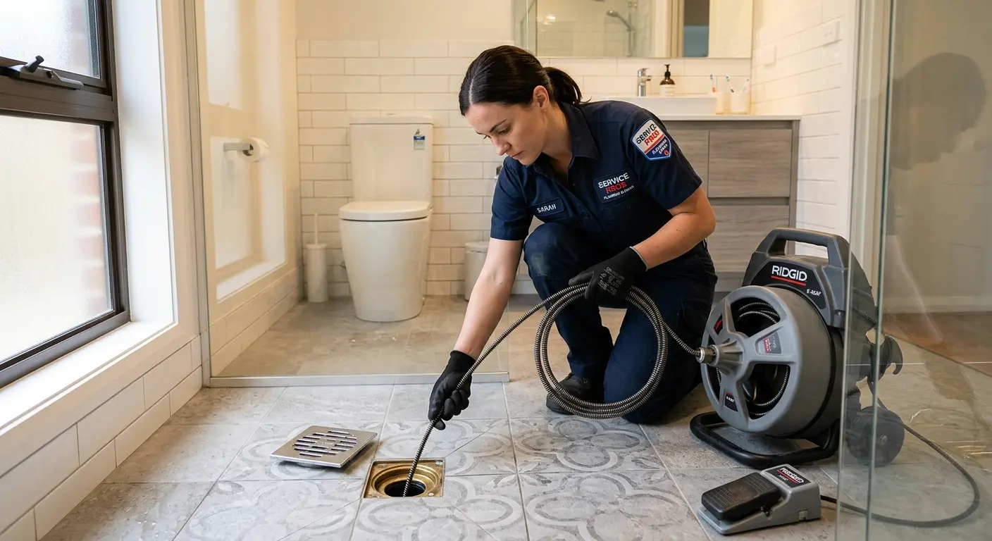 Technician clearing a bathroom floor drain for Sewer Line Installation in Fairview